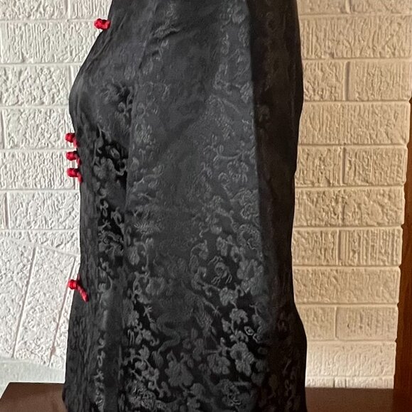 Women's Jacket Top Blazer Asian Chinese Jacquard Satin Black and Red Sz S-M - Picture 2 of 8
